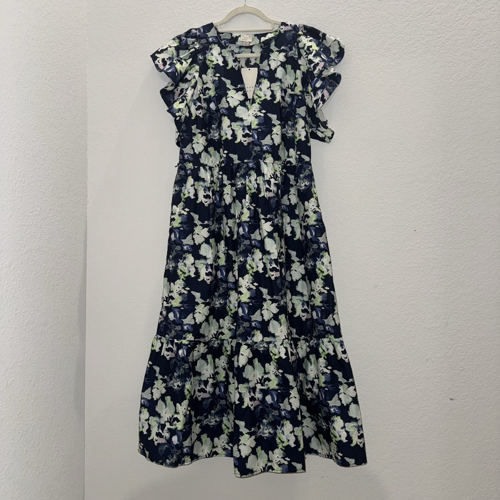 A New Day Womens M Tiered Midi Sundress Fit&Flare Flutter Short Sleeves Coastal
